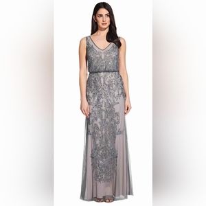 Adrianna Papell Silver Gray Beaded Blouson Mermaid Gown Size 4
